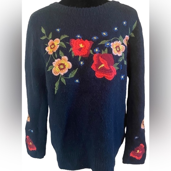 Cliche Sweaters - Cliche navy crew neck sweater with bright floral embroidery sz M